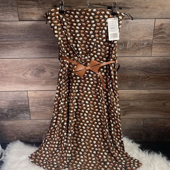 MNG COLLECTION Strapless Mini Dress Bow Belt Brown White Abstract Print Size Med - Picture 2 of 9